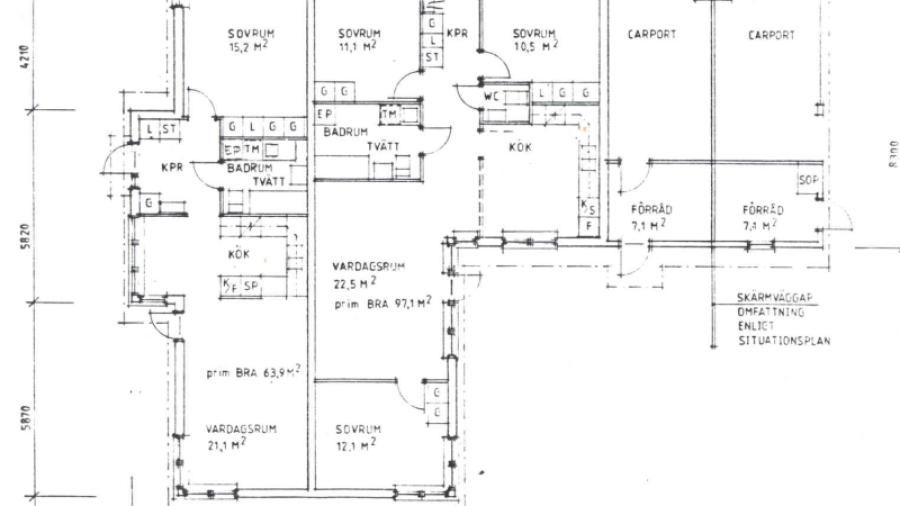 Planlösning för hus med en 4 rum och 2 rum